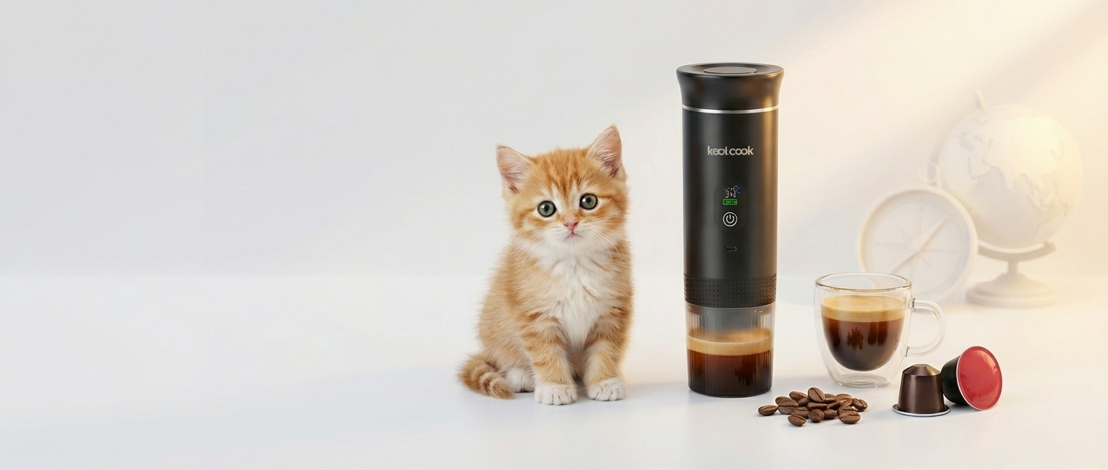 Machine à expresso PCM 31 avec tasse d'espresso, grains de café et capsules dans un cadre chaleureux